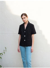 Structured Linen Blouse with Short Sleeves and Contrasting Button Detail for Women