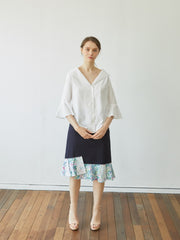 Linen Button-Down Blouse with Flared Sleeves and Sailor Collar – Elegant Women’s Top