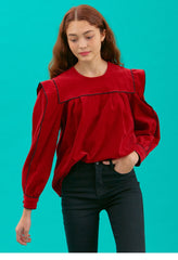 Women's Linen Puff Sleeve Blouse with Contrast Piping and Structured Shoulder Detail
