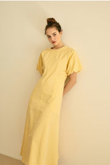 Square Neck Linen Dress with Short Puff Sleeves and Flared Midi Skirt