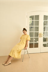 Square Neck Linen Dress with Short Puff Sleeves and Flared Midi Skirt
