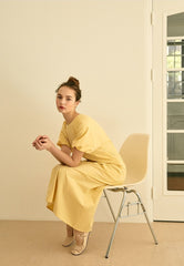 Square Neck Linen Dress with Short Puff Sleeves and Flared Midi Skirt