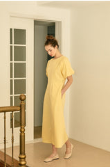 Square Neck Linen Dress with Short Puff Sleeves and Flared Midi Skirt