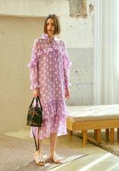 Polka Dot Chiffon Midi Dress with Ruffle Trim, Long Sleeves, and Feminine Bow Tie Neckline