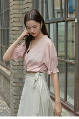 Soft Linen Wrap Blouse with Puff Sleeves and V-Neck – Lightweight Summer Linen Shirt