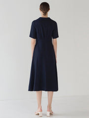Elegant Button-Front Linen Midi Dress with Short Sleeves and Soft A-Line Silhouette