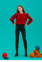 Women's Linen Puff Sleeve Blouse with Contrast Piping and Structured Shoulder Detail