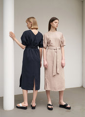 Women's Navy Linen Midi Dress – Short Sleeve Belted Dress with V-Back and Side Slit