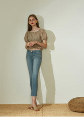 Off-Shoulder Shirred Linen Blouse with Puff Sleeves and Ruffle Hem for Relaxed Feminine Style