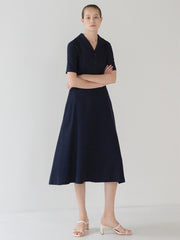 Elegant Button-Front Linen Midi Dress with Short Sleeves and Soft A-Line Silhouette