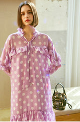 Polka Dot Chiffon Midi Dress with Ruffle Trim, Long Sleeves, and Feminine Bow Tie Neckline