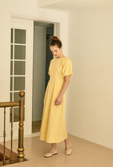 Square Neck Linen Dress with Short Puff Sleeves and Flared Midi Skirt
