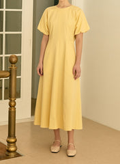 Square Neck Linen Dress with Short Puff Sleeves and Flared Midi Skirt