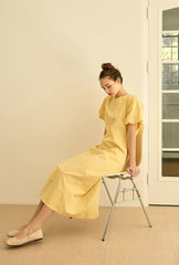 Square Neck Linen Dress with Short Puff Sleeves and Flared Midi Skirt
