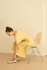 Square Neck Linen Dress with Short Puff Sleeves and Flared Midi Skirt