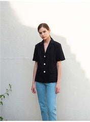 Structured Linen Blouse with Short Sleeves and Contrasting Button Detail for Women