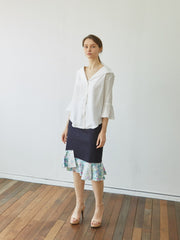 Linen Button-Down Blouse with Flared Sleeves and Sailor Collar – Elegant Women’s Top