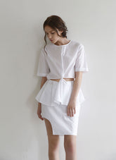 Asymmetrical White Linen Skirt with Peplum Detail and Clean Cut Hemline