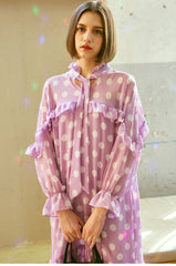 Polka Dot Chiffon Midi Dress with Ruffle Trim, Long Sleeves, and Feminine Bow Tie Neckline