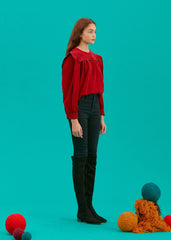 Women's Linen Puff Sleeve Blouse with Contrast Piping and Structured Shoulder Detail