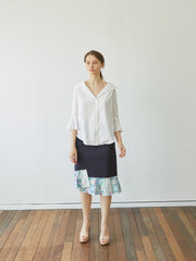 Linen Button-Down Blouse with Flared Sleeves and Sailor Collar – Elegant Women’s Top