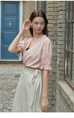 Soft Linen Wrap Blouse with Puff Sleeves and V-Neck – Lightweight Summer Linen Shirt