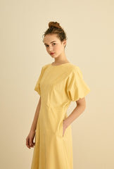 Square Neck Linen Dress with Short Puff Sleeves and Flared Midi Skirt