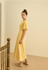 Square Neck Linen Dress with Short Puff Sleeves and Flared Midi Skirt