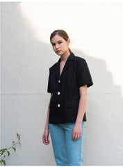 Structured Linen Blouse with Short Sleeves and Contrasting Button Detail for Women