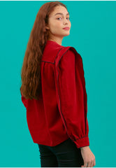 Women's Linen Puff Sleeve Blouse with Contrast Piping and Structured Shoulder Detail