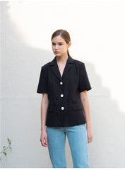 Structured Linen Blouse with Short Sleeves and Contrasting Button Detail for Women