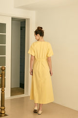 Square Neck Linen Dress with Short Puff Sleeves and Flared Midi Skirt
