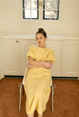 Square Neck Linen Dress with Short Puff Sleeves and Flared Midi Skirt