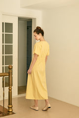 Square Neck Linen Dress with Short Puff Sleeves and Flared Midi Skirt