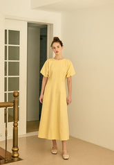 Square Neck Linen Dress with Short Puff Sleeves and Flared Midi Skirt
