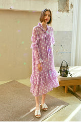Polka Dot Chiffon Midi Dress with Ruffle Trim, Long Sleeves, and Feminine Bow Tie Neckline