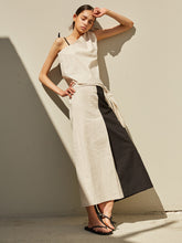 Elegant Two-Tone Colorblock Linen Midi Skirt With Side Slit and Tie Waist for Summer Style