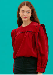 Women's Linen Puff Sleeve Blouse with Contrast Piping and Structured Shoulder Detail