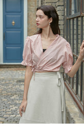 Soft Linen Wrap Blouse with Puff Sleeves and V-Neck – Lightweight Summer Linen Shirt