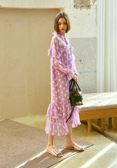 Polka Dot Chiffon Midi Dress with Ruffle Trim, Long Sleeves, and Feminine Bow Tie Neckline