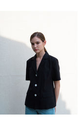 Structured Linen Blouse with Short Sleeves and Contrasting Button Detail for Women