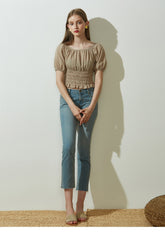 Off-Shoulder Shirred Linen Blouse with Puff Sleeves and Ruffle Hem for Relaxed Feminine Style