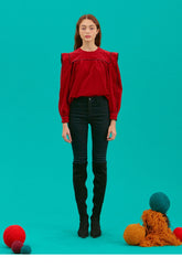 Women's Linen Puff Sleeve Blouse with Contrast Piping and Structured Shoulder Detail