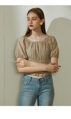 Off-Shoulder Shirred Linen Blouse with Puff Sleeves and Ruffle Hem for Relaxed Feminine Style