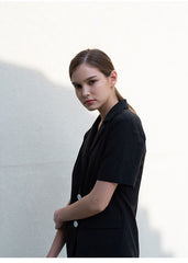 Structured Linen Blouse with Short Sleeves and Contrasting Button Detail for Women