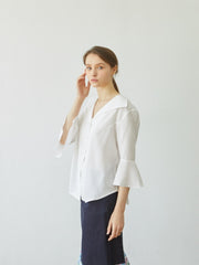 Linen Button-Down Blouse with Flared Sleeves and Sailor Collar – Elegant Women’s Top