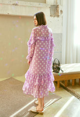 Polka Dot Chiffon Midi Dress with Ruffle Trim, Long Sleeves, and Feminine Bow Tie Neckline