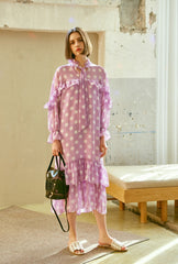 Polka Dot Chiffon Midi Dress with Ruffle Trim, Long Sleeves, and Feminine Bow Tie Neckline