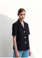 Structured Linen Blouse with Short Sleeves and Contrasting Button Detail for Women