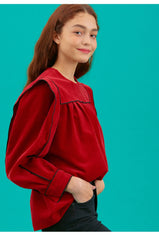 Women's Linen Puff Sleeve Blouse with Contrast Piping and Structured Shoulder Detail